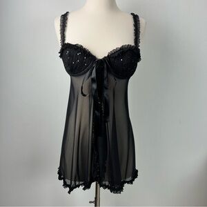 Victoria’s Secret Black Sexy Little Things Babydoll Sequin Lingerie Size 34C
